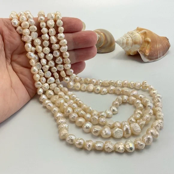 White Keshi Baroque Pearl Necklace with Gold Plated Clasp,19 1/2” Long